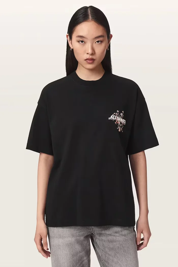 AllSaints уголемена тениска дамска от памук VALEN ETTA TEE черна W053JF