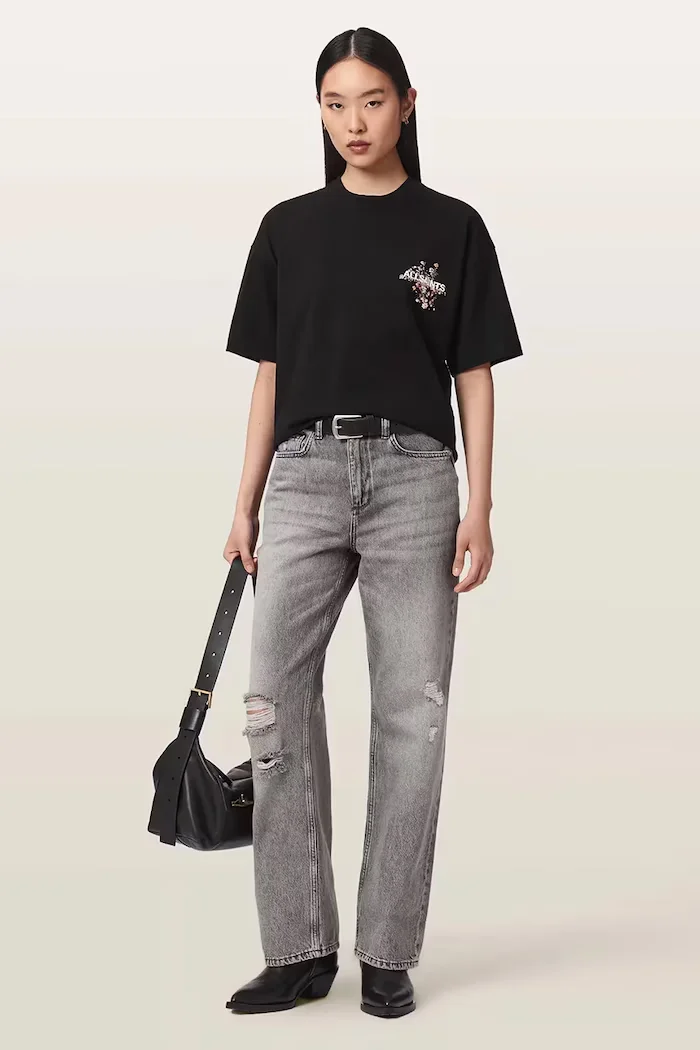 AllSaints уголемена тениска дамска от памук VALEN ETTA TEE черна W053JF