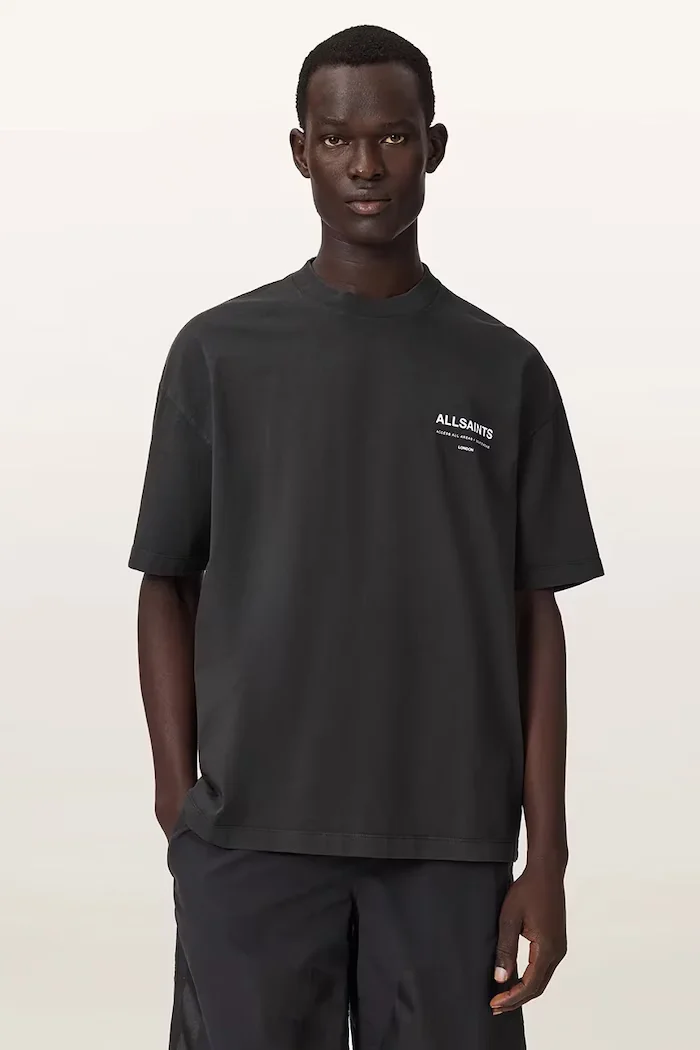 AllSaints уголемена тениска мъжка от памук BACKSTAGE SS CREW сива M033PF