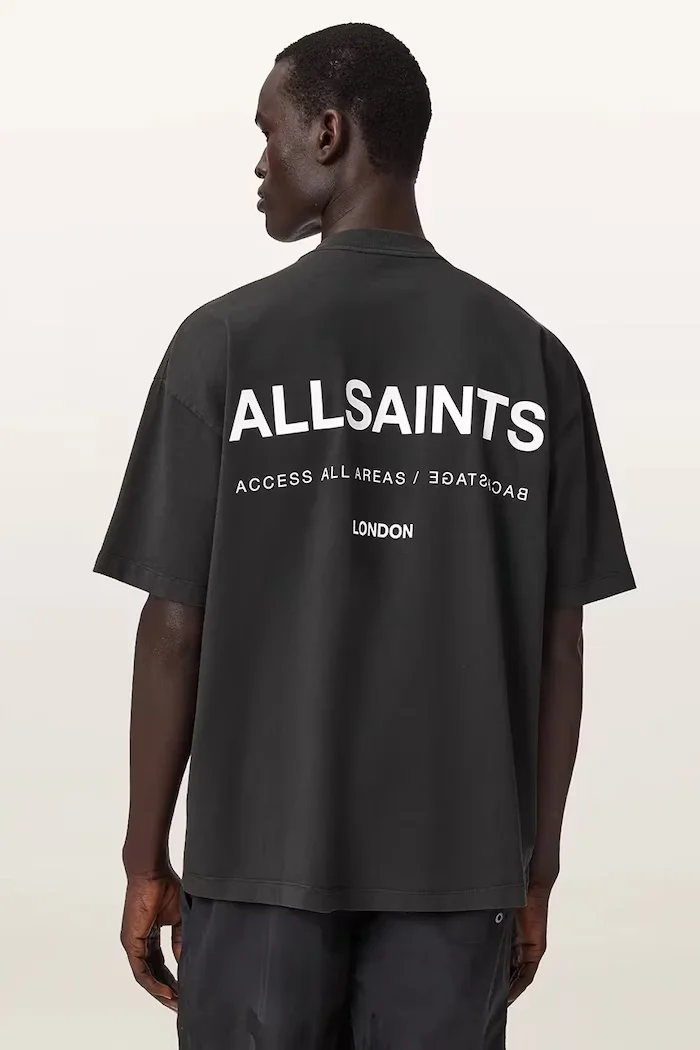 AllSaints уголемена тениска мъжка от памук BACKSTAGE SS CREW сива M033PF
