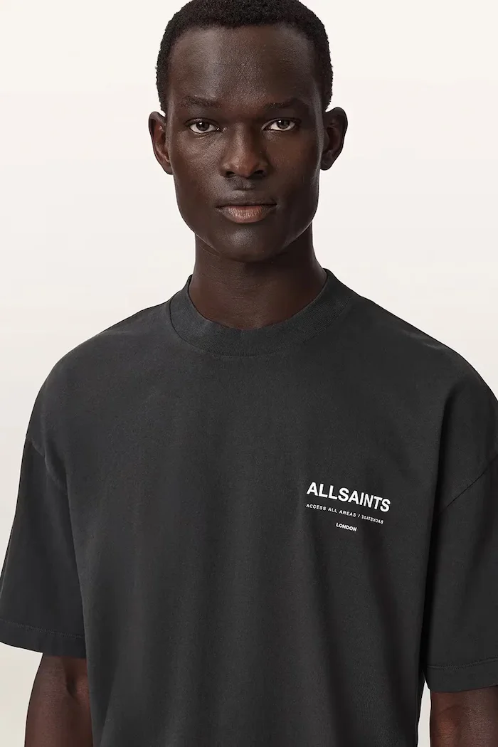 AllSaints уголемена тениска мъжка от памук BACKSTAGE SS CREW сива M033PF