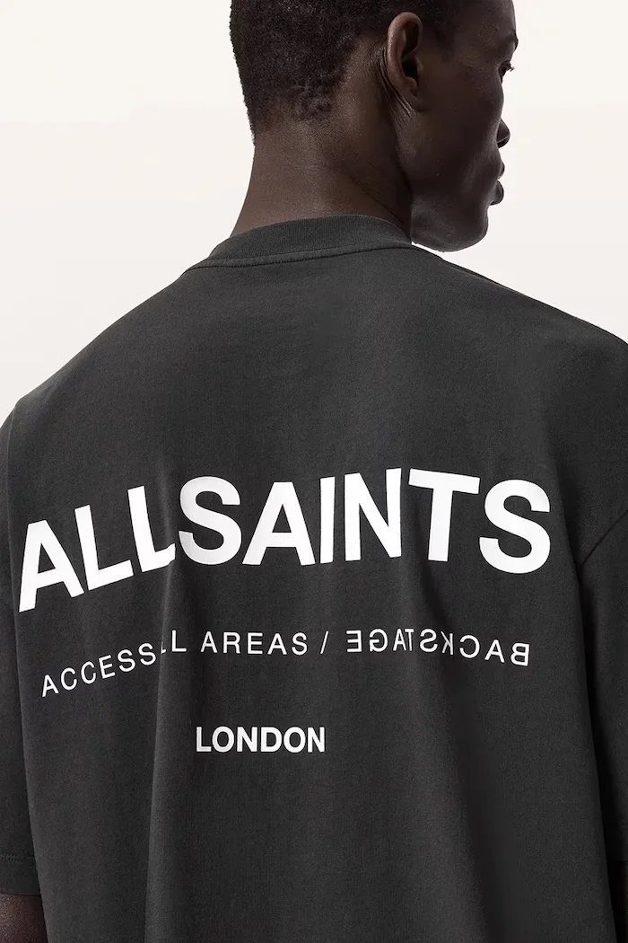 AllSaints уголемена тениска мъжка от памук BACKSTAGE SS CREW сива M033PF