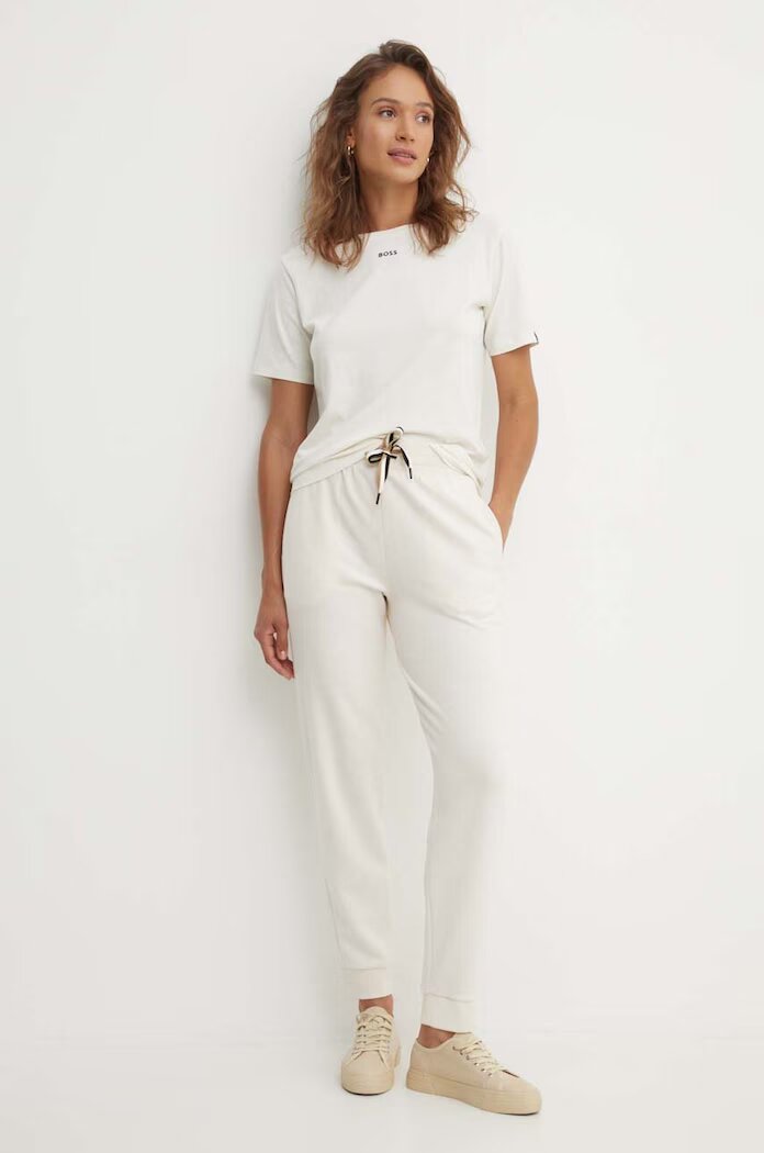 BOSS домашен панталон дамски CP Stripe Pants Cuff бежов с висока талия 50524759