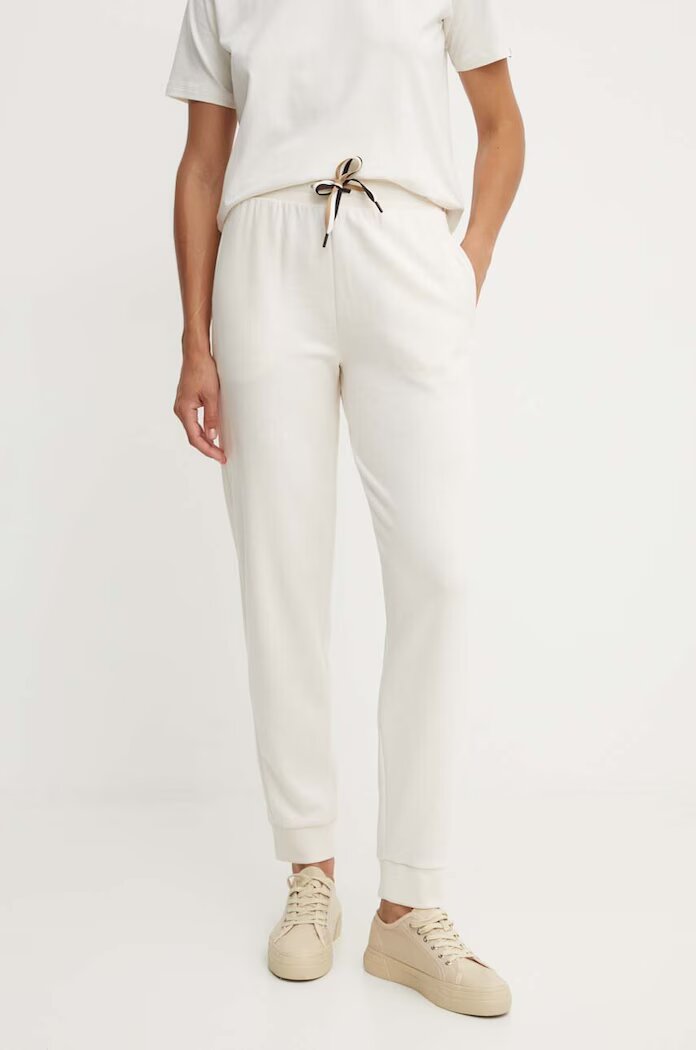 BOSS домашен панталон дамски CP Stripe Pants Cuff бежов с висока талия 50524759