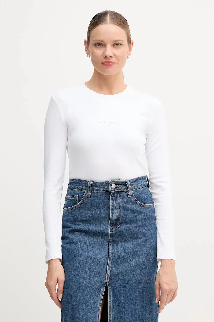 Calvin Klein Jeans блуза с дълги ръкави дамска от памук с еластан бяла LV047A803G