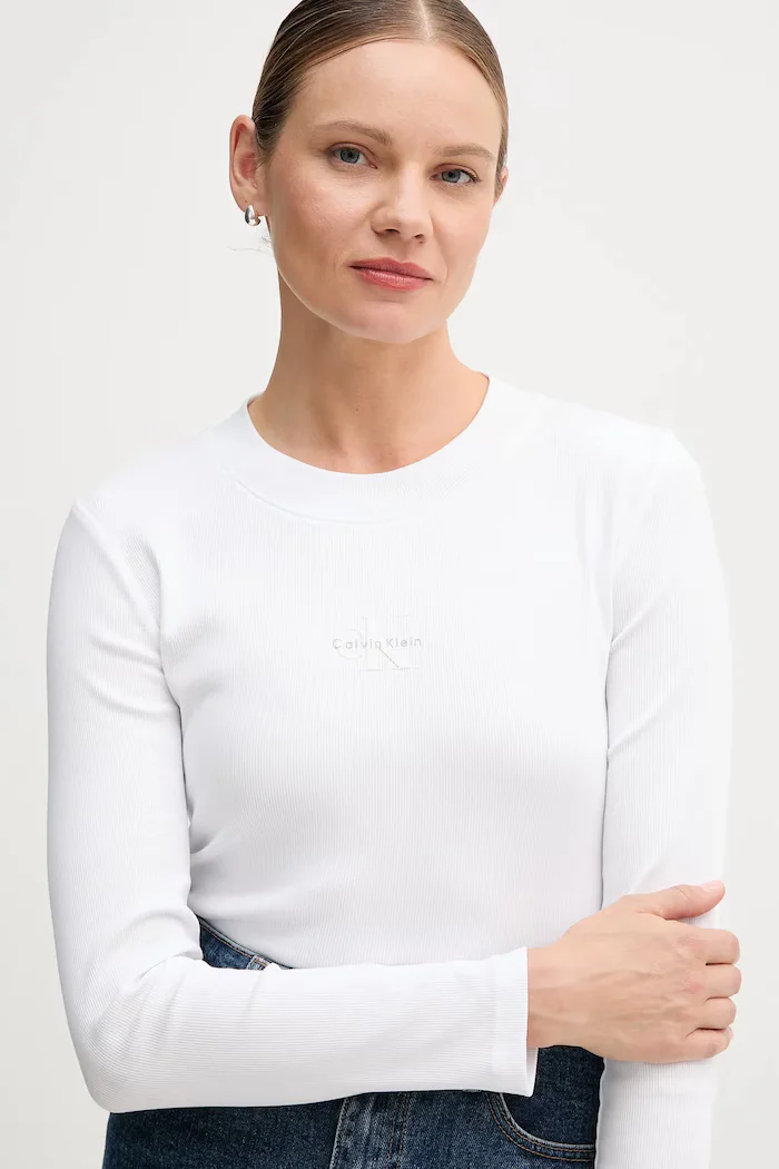 Calvin Klein Jeans блуза с дълги ръкави дамска от памук с еластан бяла LV047A803G