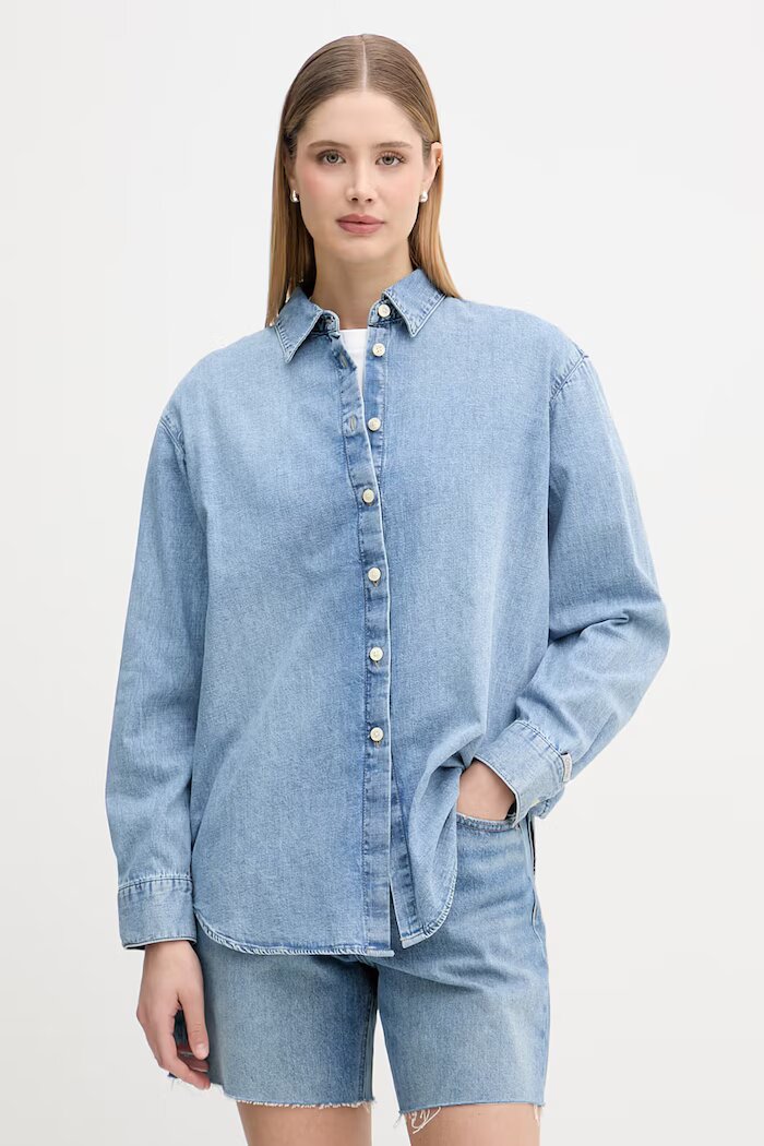 Calvin Klein Jeans риза дамска от деним синя с изчистена шарка LV047F784G