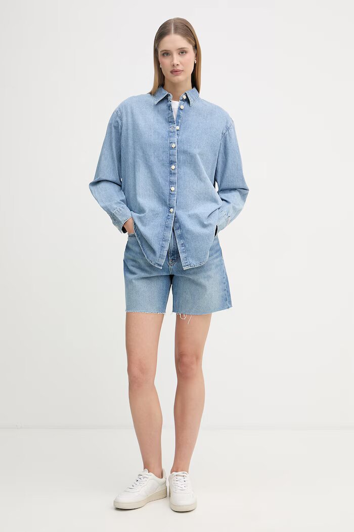 Calvin Klein Jeans риза дамска от деним синя с изчистена шарка LV047F784G