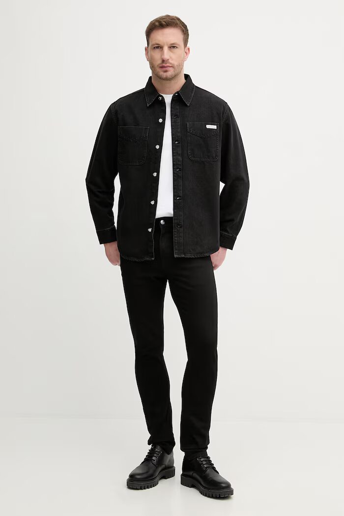 Calvin Klein Jeans риза мъжка от деним черна с изчистена шарка LV04RF709G