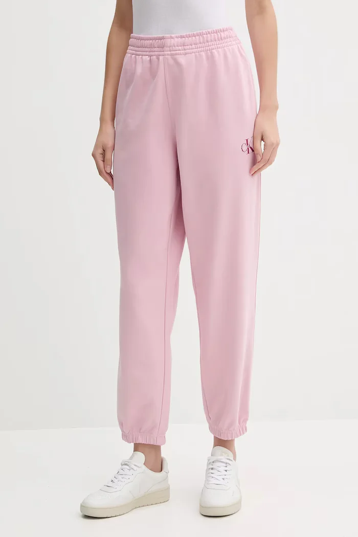 Calvin Klein Jeans спортен панталон дамски с памук розов с висока талия LV047B235G