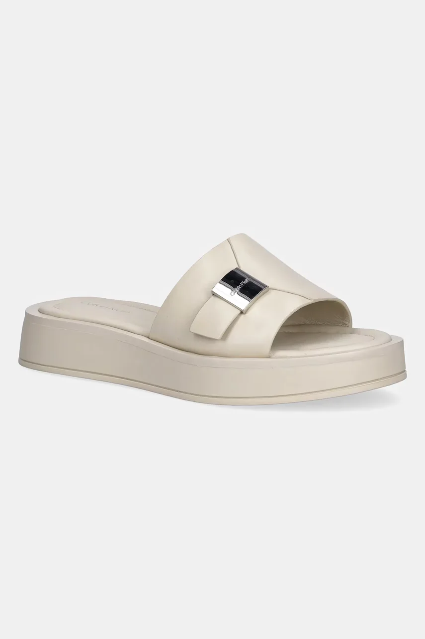 Calvin Klein Кожени чехли FLATFORM SLIDE W/CK HW - LTH