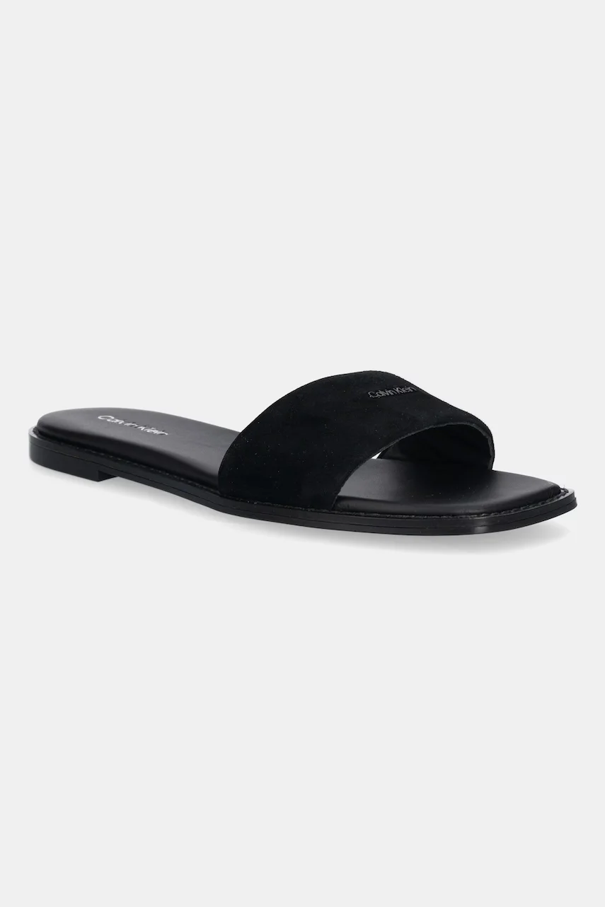 Calvin Klein Велурени чехли FLAT SANDAL SQUARED HF SUE