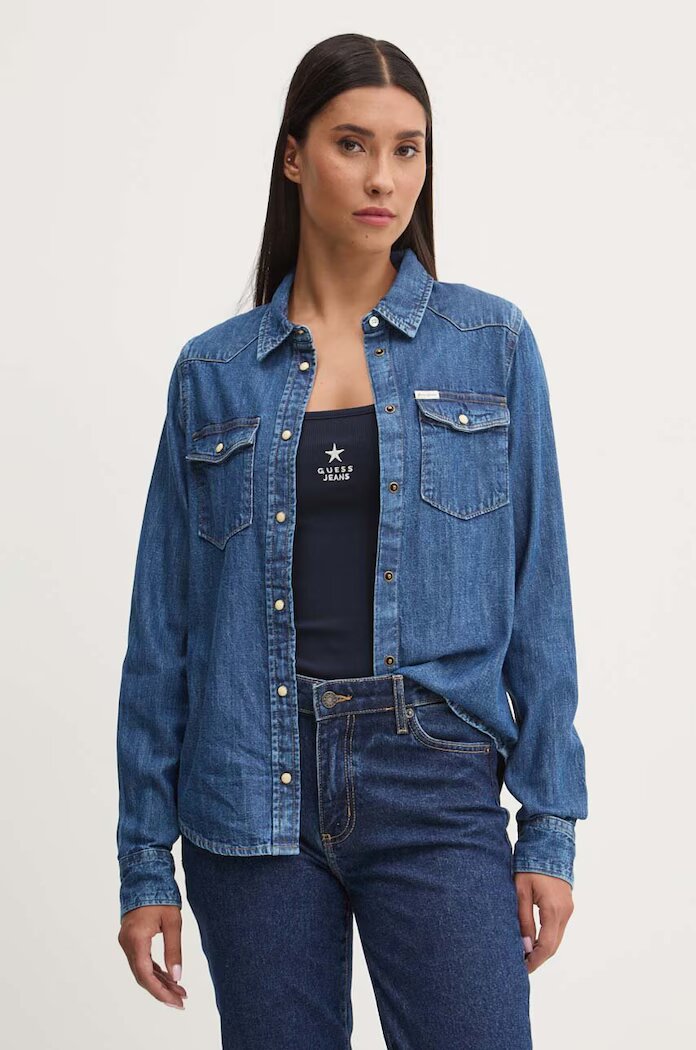 Guess Jeans Дънкова риза дамска в синьо с кройка по тялото с класическа яка W4YH35 D5EI3