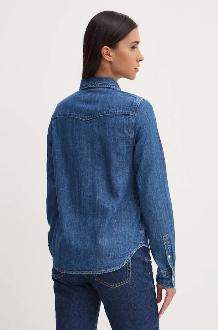 Guess Jeans Дънкова риза дамска в синьо с кройка по тялото с класическа яка W4YH35 D5EI3