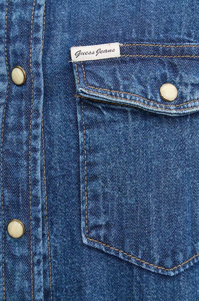 Guess Jeans Дънкова риза дамска в синьо с кройка по тялото с класическа яка W4YH35 D5EI3