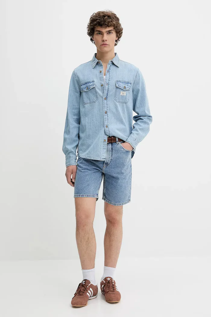 Guess Jeans Памучна риза в синьо със стандартна кройка с класическа яка M5GH56 D5M82
