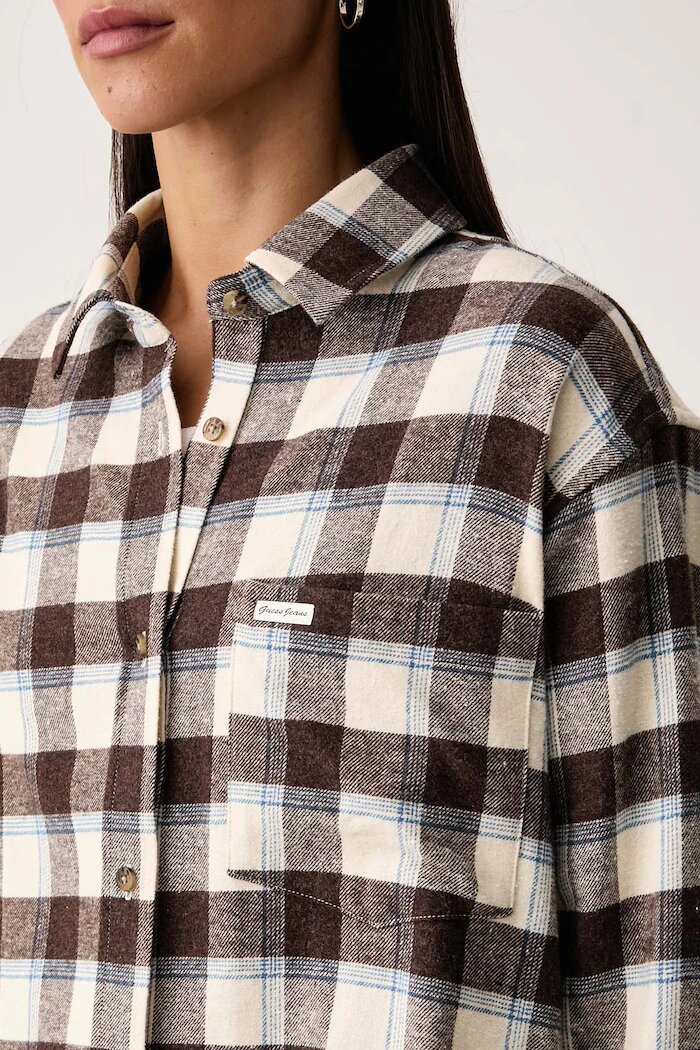 Guess Jeans риза дамска от памук бежова на каре W6BH22 W4712