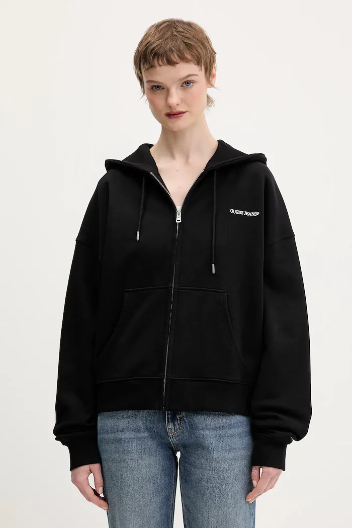 Guess Jeans суичър с цип дамски от памук черен W6RQ32 K68I4
