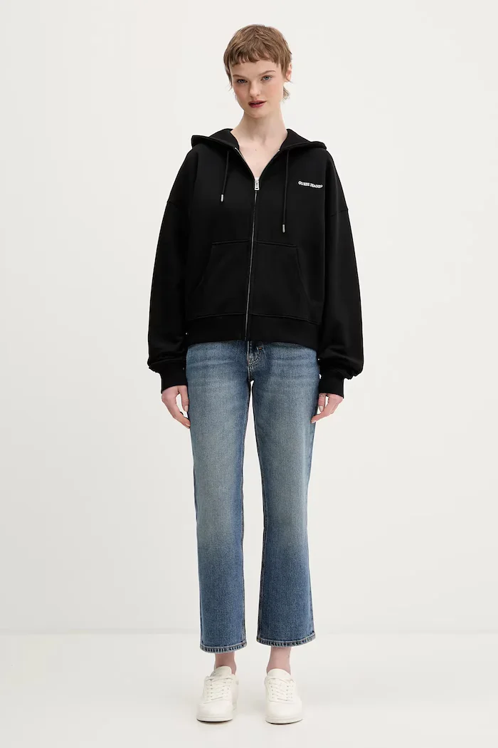 Guess Jeans суичър с цип дамски от памук черен W6RQ32 K68I4