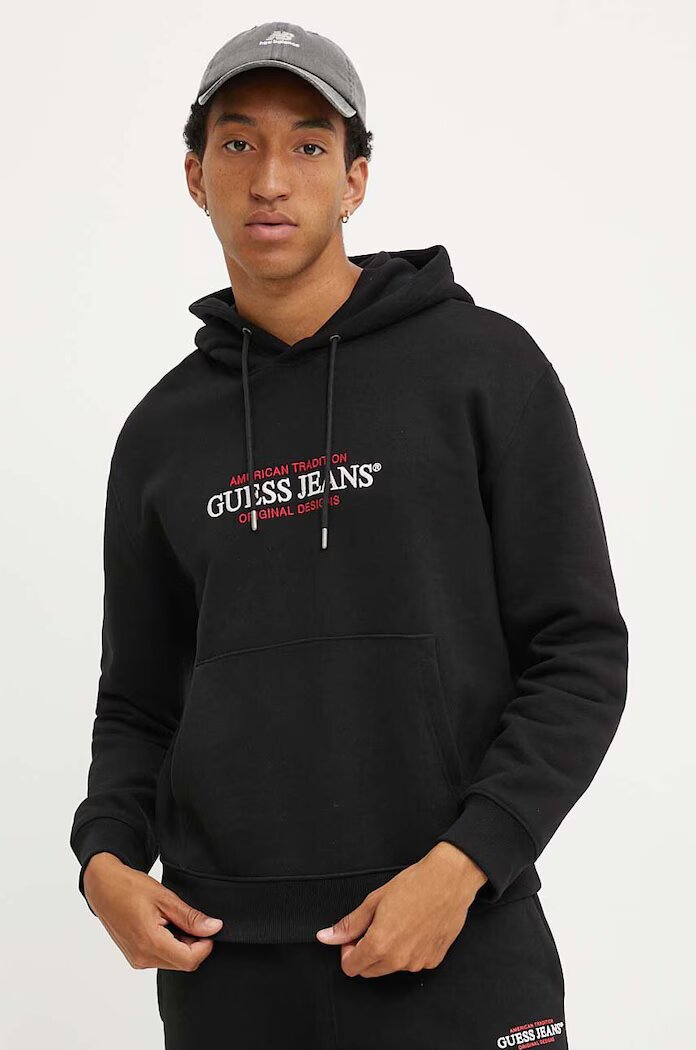 Guess Jeans Суичър в черно с качулка с апликация M4YQ23 K9V31