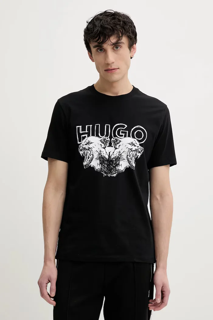 HUGO Памучна тениска Durro в черно с принт 50538257
