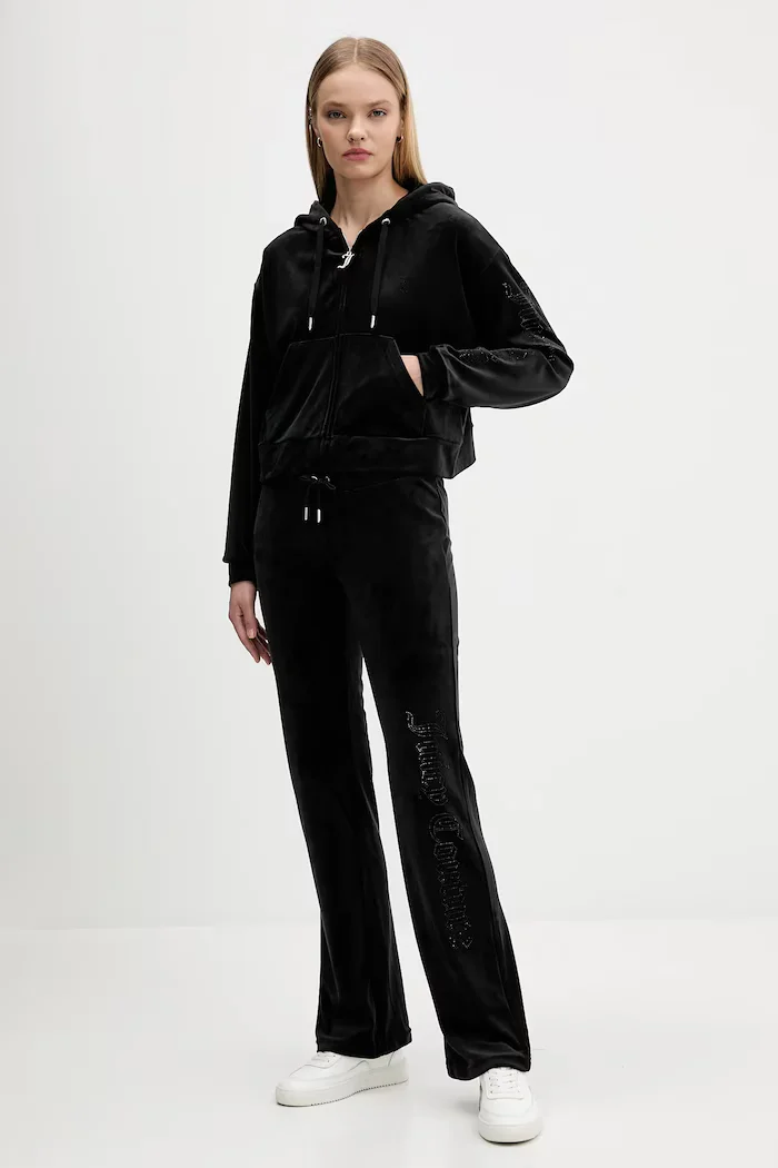 Juicy Couture Кадифен суичър в черно с качулка с изчистен дизайн JCWAS225310
