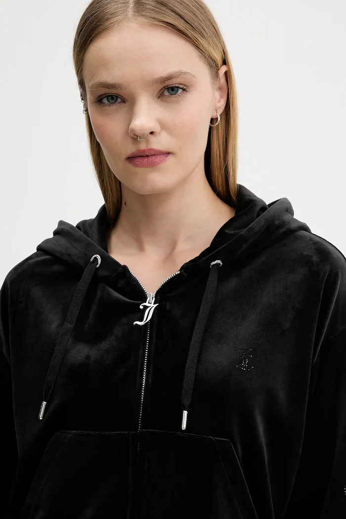 Juicy Couture Кадифен суичър в черно с качулка с изчистен дизайн JCWAS225310