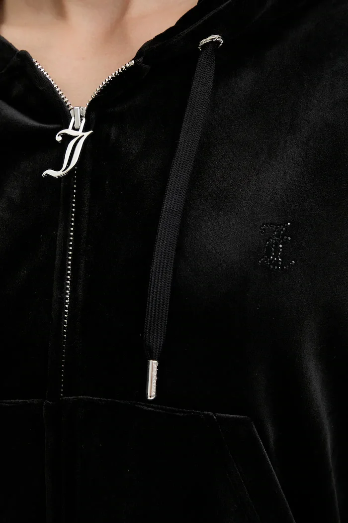 Juicy Couture Кадифен суичър в черно с качулка с изчистен дизайн JCWAS225310