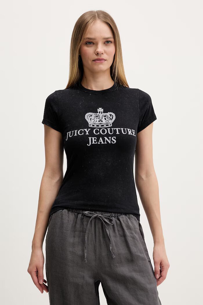 Juicy Couture тениска дамска от памук HERITAGE HILTON черна JCDBJ126961