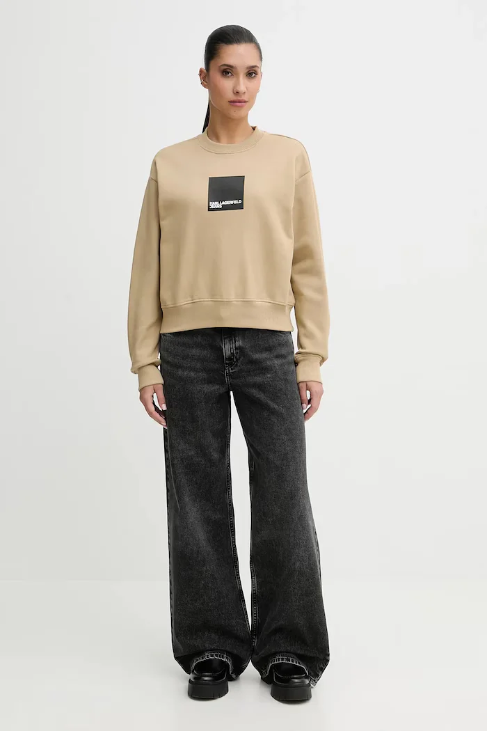 Karl Lagerfeld Jeans Памучен суичър в бежово с принт A1W20006