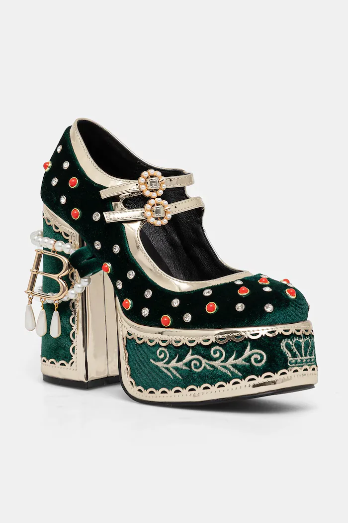 Koi Footwear Обувки с дебел ток в зелено DPK80 Boleyn’s Revenge Bejewelled Velvet