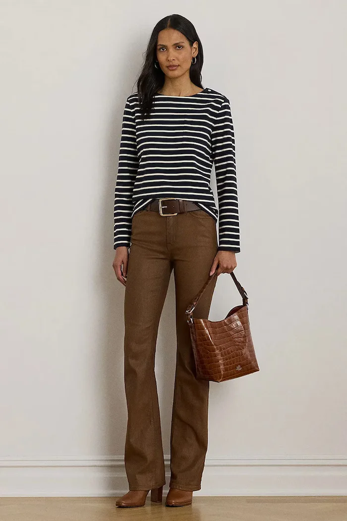 Lauren Ralph Lauren Памучна блуза с дълги ръкави дамска в тъмносиньо 200980155
