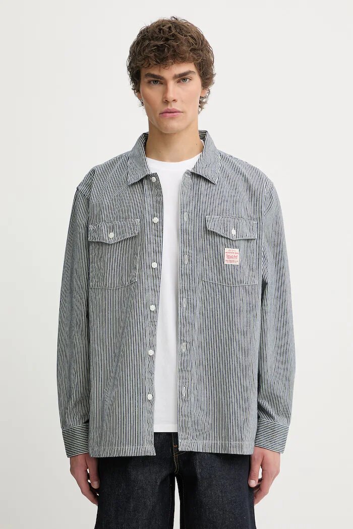 Levi's риза мъжка от памук LS WORKER - WW x WORKWEAR тъмносиня с изчистена шарка 003O2
