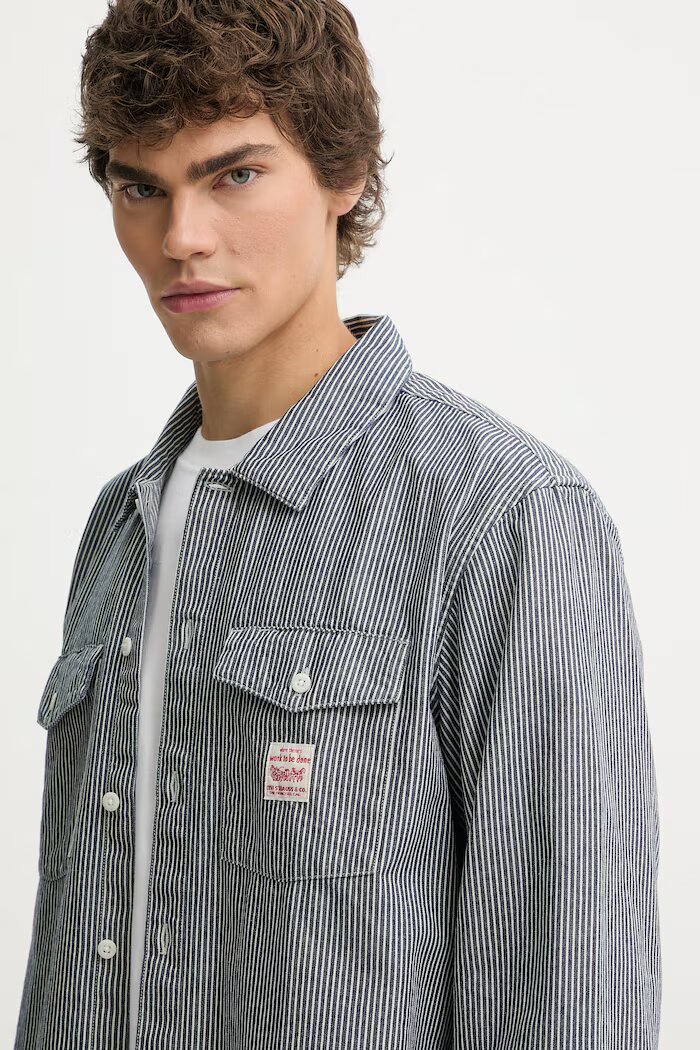 Levi's риза мъжка от памук LS WORKER - WW x WORKWEAR тъмносиня с изчистена шарка 003O2