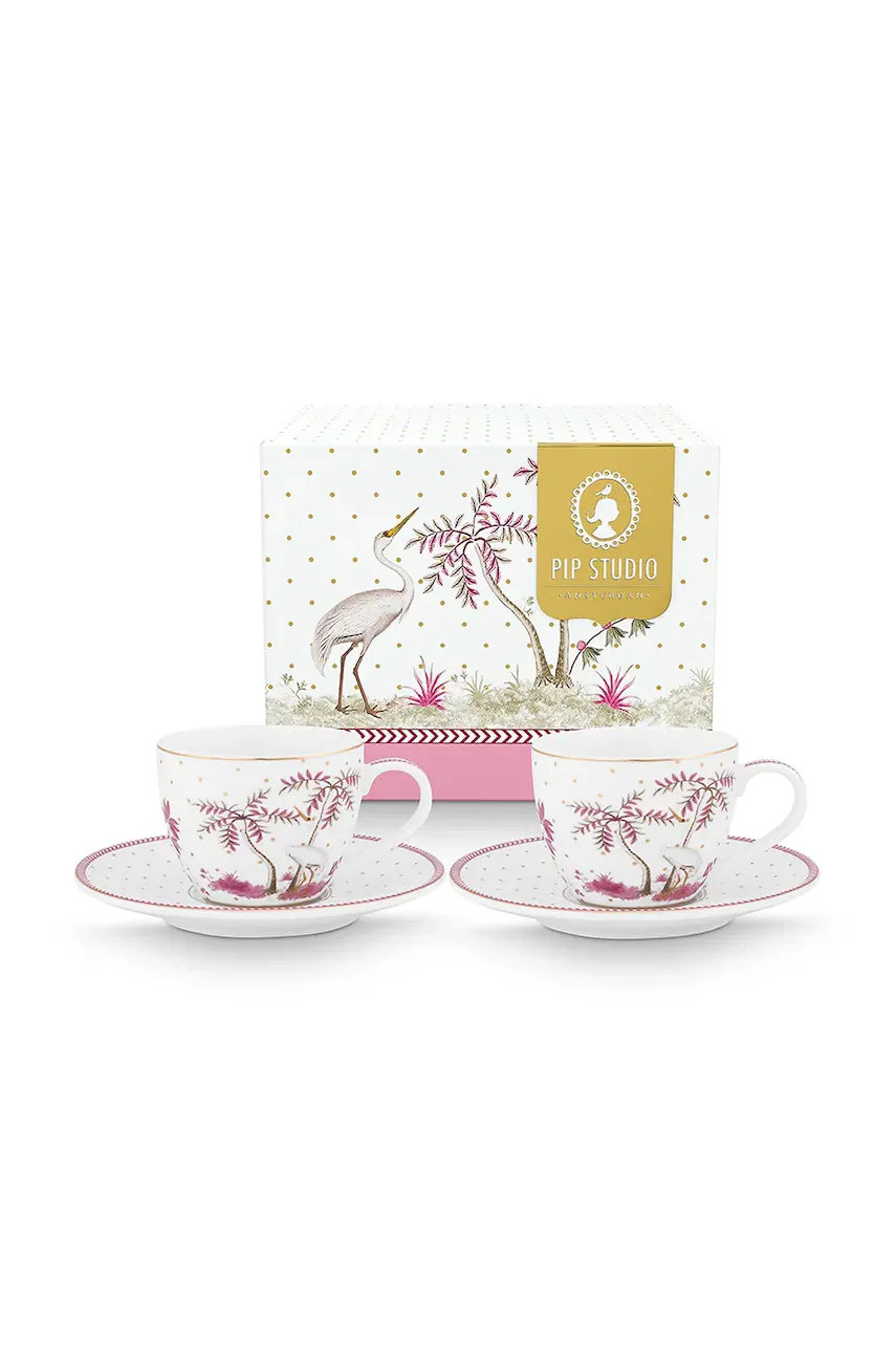 Pip Studio Комплект чаши с чинийки за двама Jolie Dots Gold Pink 120 ml