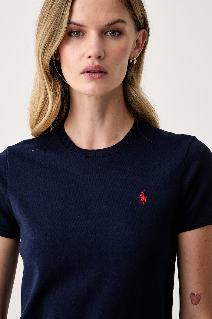 Polo Ralph Lauren пуловер с къси ръкави дамски с памук тъмносин 211971872