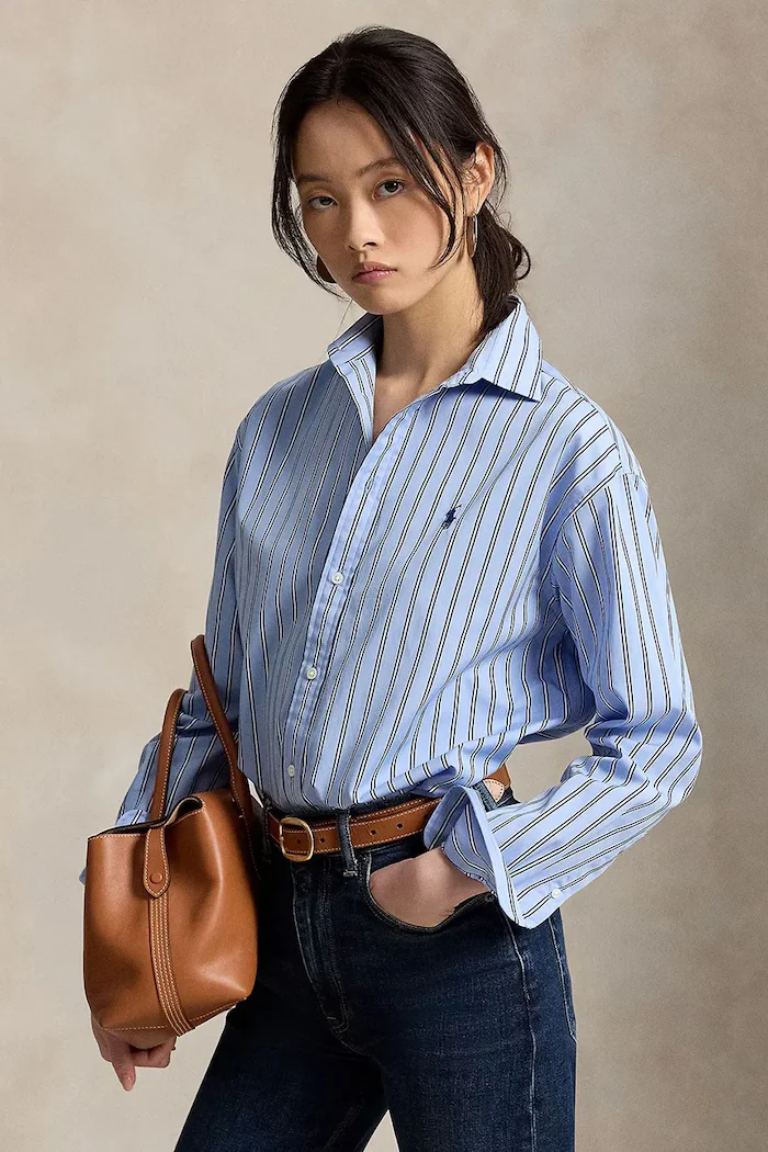 Polo Ralph Lauren риза дамска от памук синя на райе 211910743
