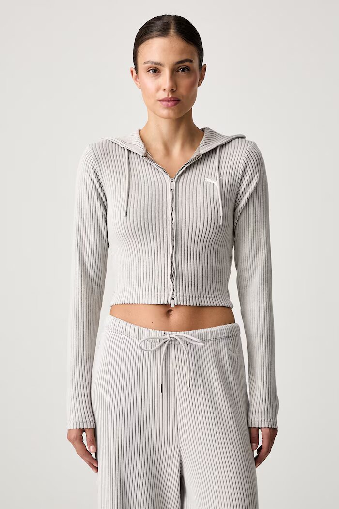 Puma суичър с цип и качулка дамски Essentials Ribbed бежов 636669