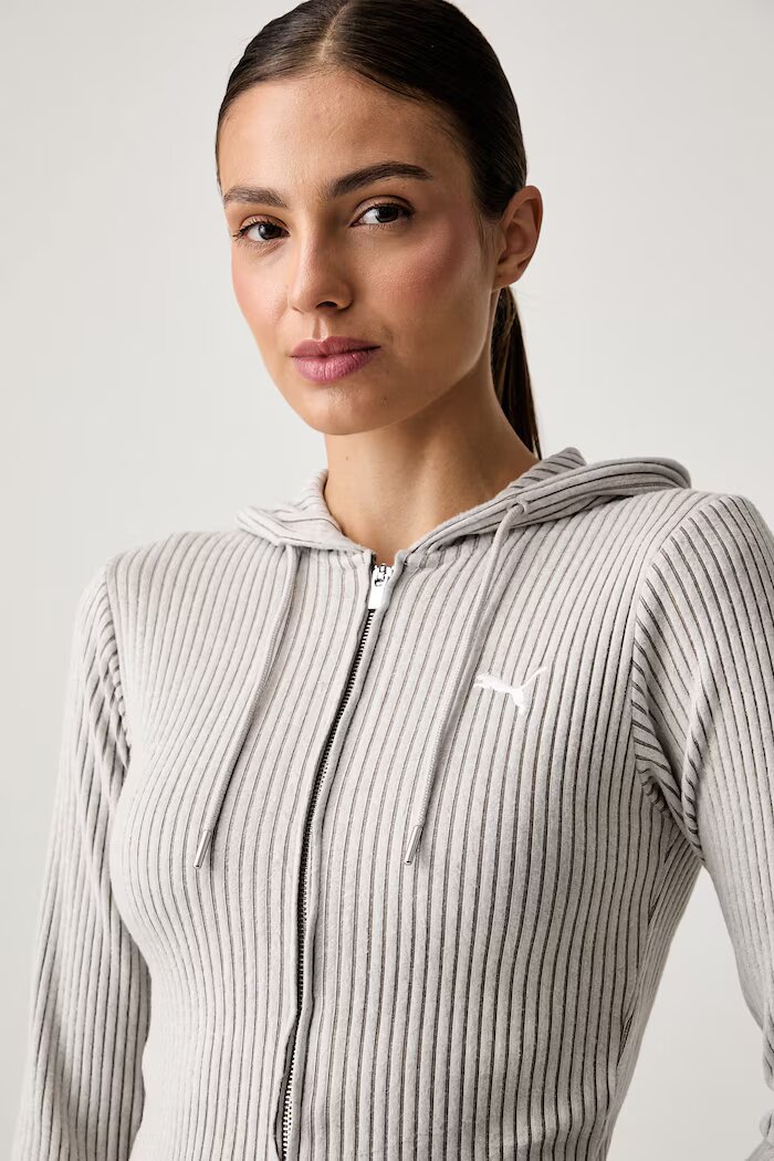 Puma суичър с цип и качулка дамски Essentials Ribbed бежов 636669