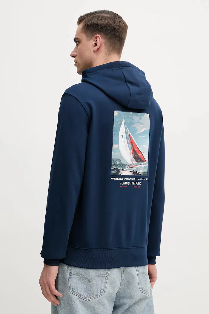 Tommy Hilfiger Памучен суичър в тъмносиньо с качулка с изчистен дизайн MW0MW39151