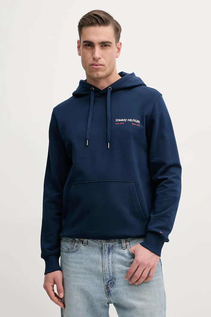 Tommy Hilfiger Памучен суичър в тъмносиньо с качулка с изчистен дизайн MW0MW39151