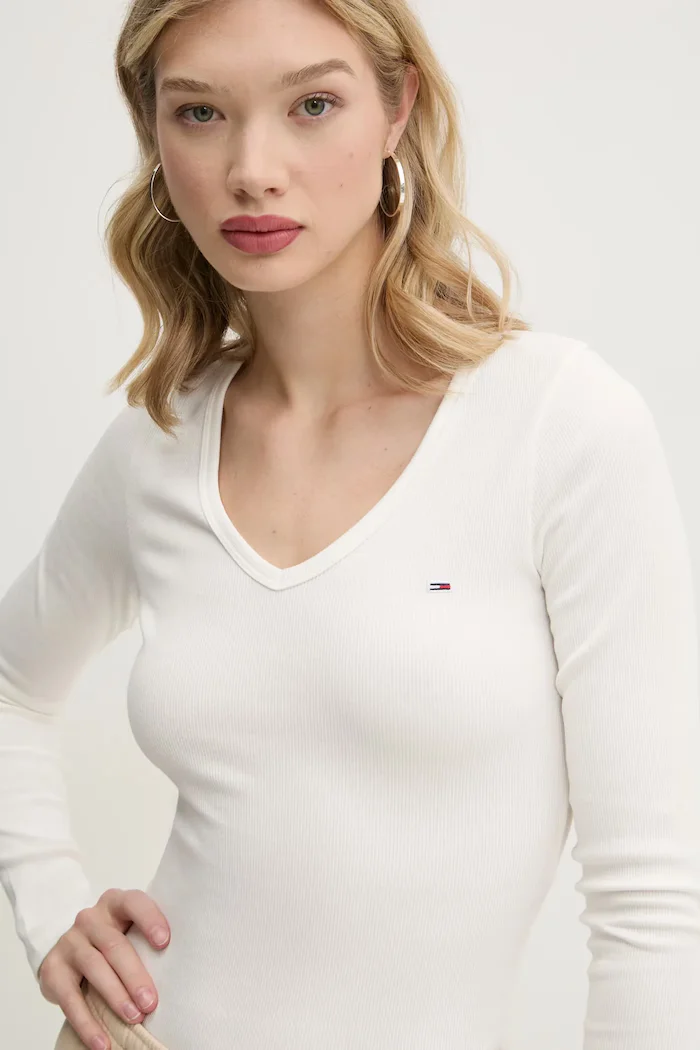 Tommy Jeans блуза с дълги ръкави дамска с памук бежова DW0DW17990