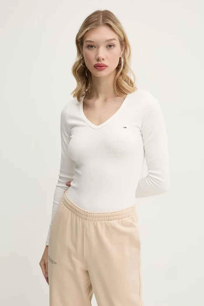 Tommy Jeans блуза с дълги ръкави дамска с памук бежова DW0DW17990