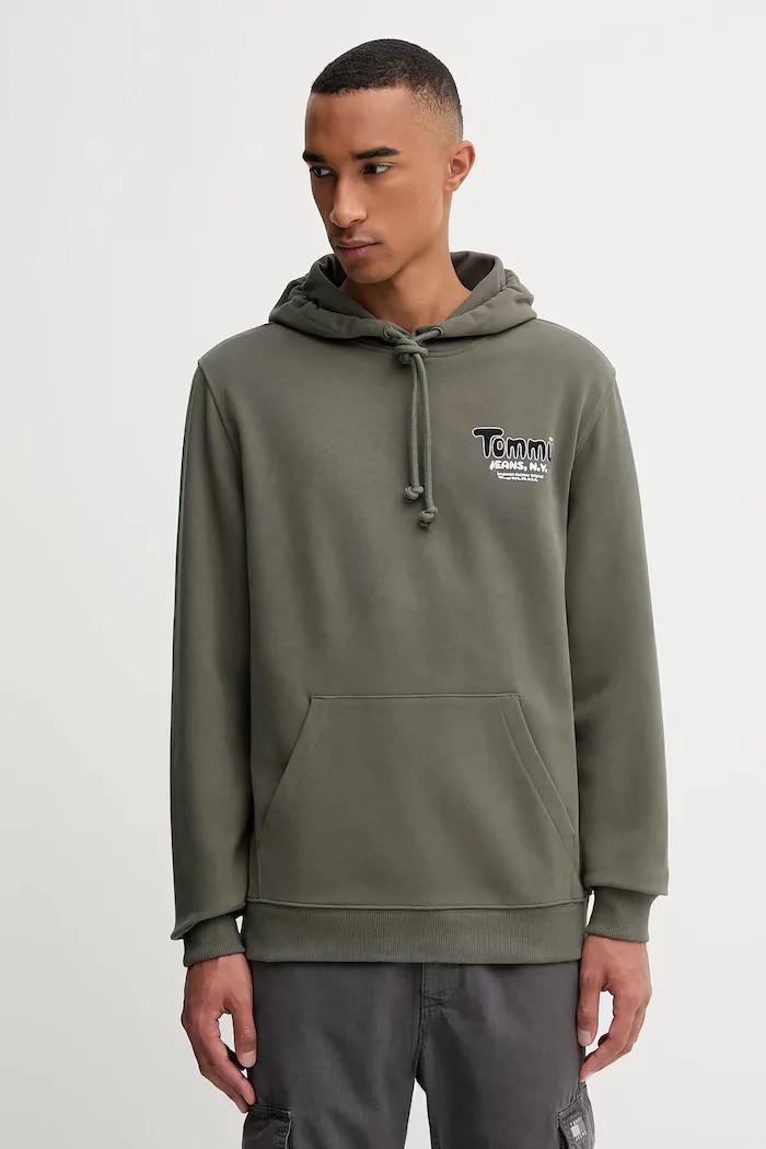 Tommy Jeans Памучен суичър мъжки в зелено с качулка с принт DM0DM22086
