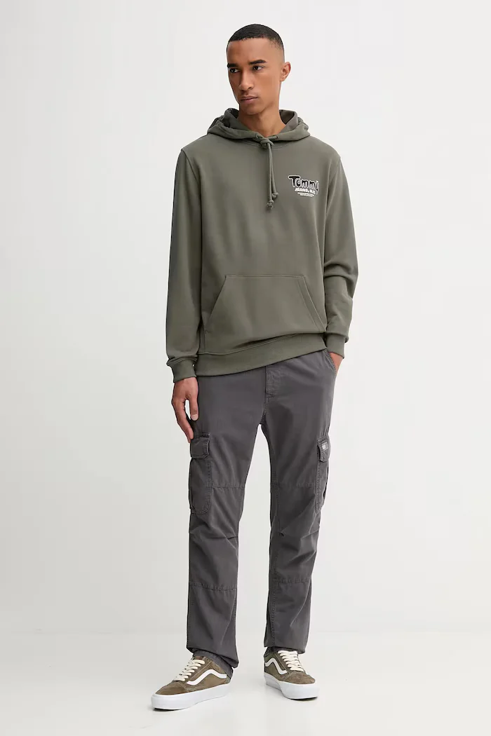 Tommy Jeans Памучен суичър мъжки в зелено с качулка с принт DM0DM22086
