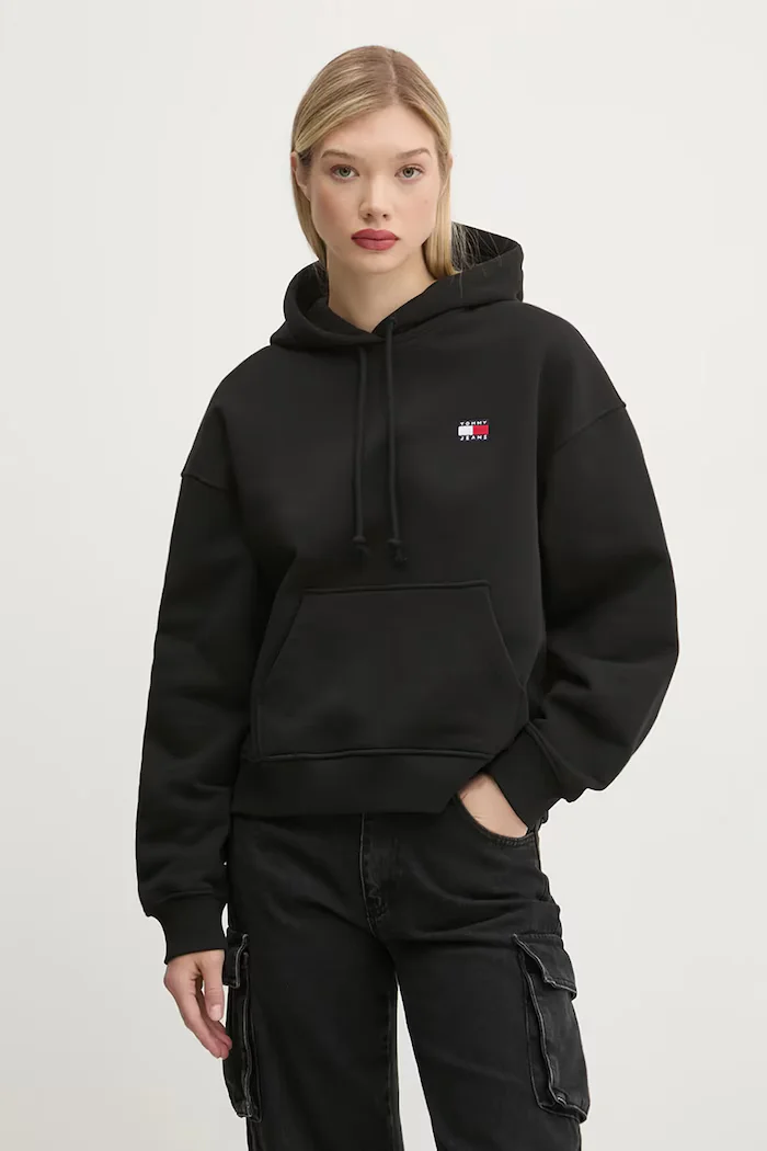 Tommy Jeans суичър с качулка дамски от памук черен DW0DW19414