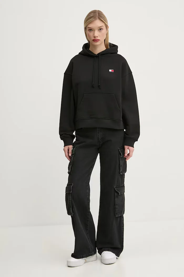 Tommy Jeans суичър с качулка дамски от памук черен DW0DW19414