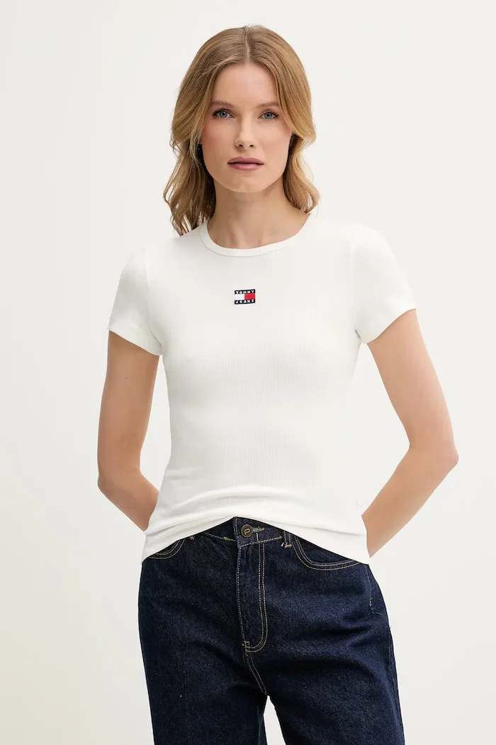 Tommy Jeans тениска дамска от памук с еластан бяла DW0DW17881