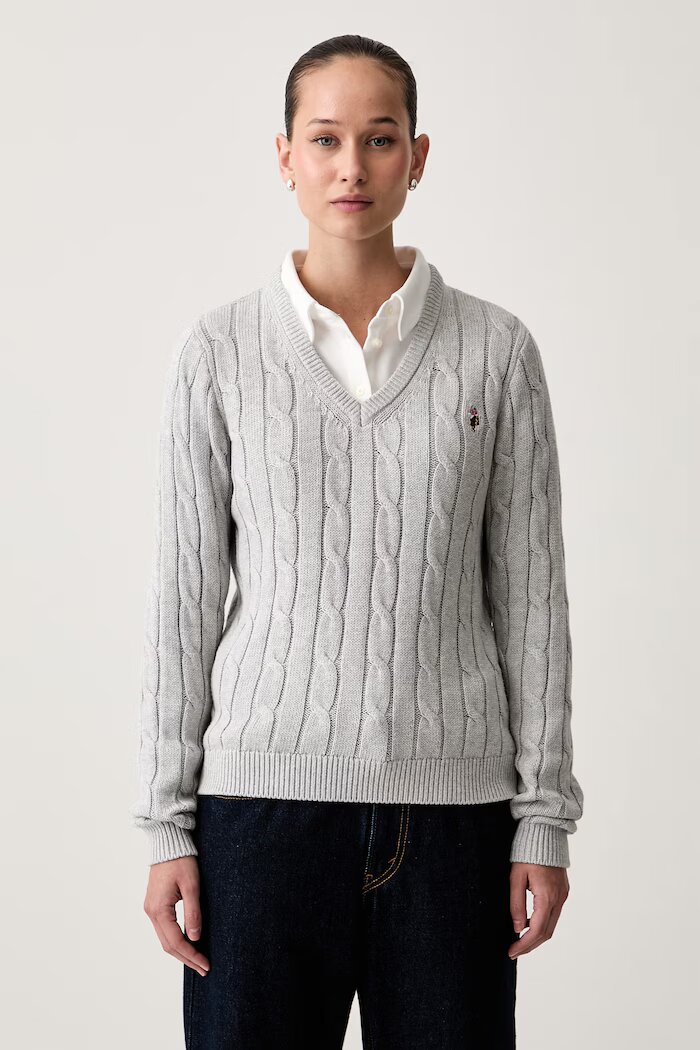 U.S. Polo Assn. пуловер дамски от памук V-NECK CABLE сив WUP0397