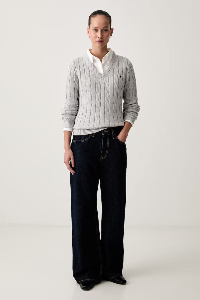 U.S. Polo Assn. пуловер дамски от памук V-NECK CABLE сив WUP0397
